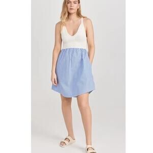 KULE Esmee Mini Dress XS Blue White Crochet Poplin Skirt V-Neck Sleeveless